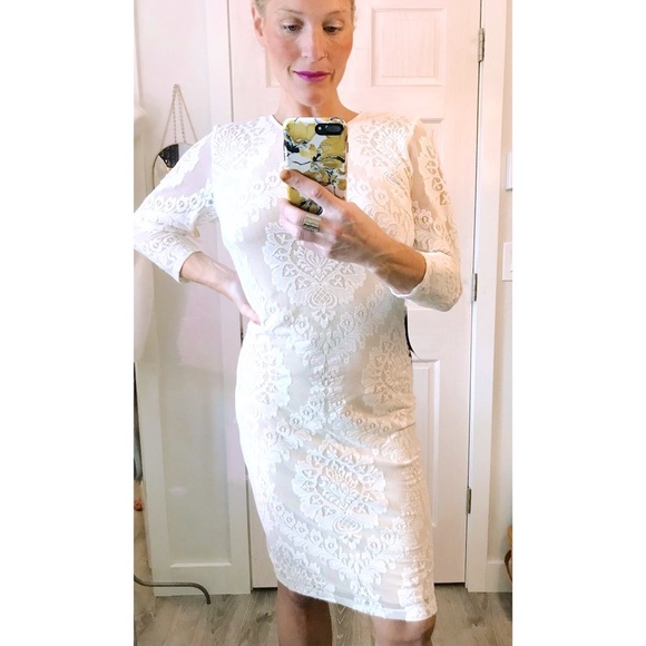 Moving Sale!  NWT Bebe XL Stretchy White & Nude Lace Dress Midi Long Sleeve - Picture 1 of 12